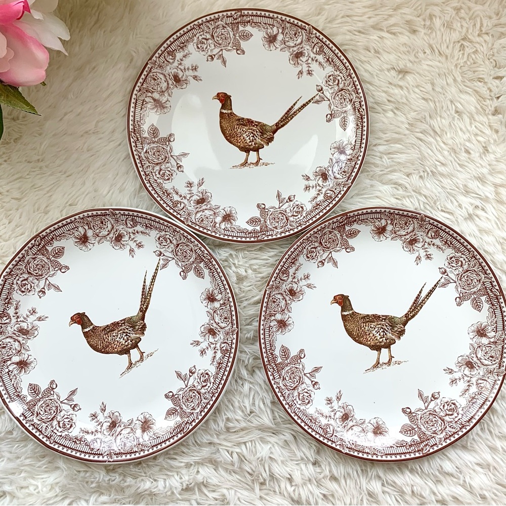 Ashland 3 Pheasant Stoneware Salad Plates Thanksgiving Old World Home Decor Set